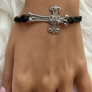 925 sterling Silver Cross Charm Bracelet on Black Cord